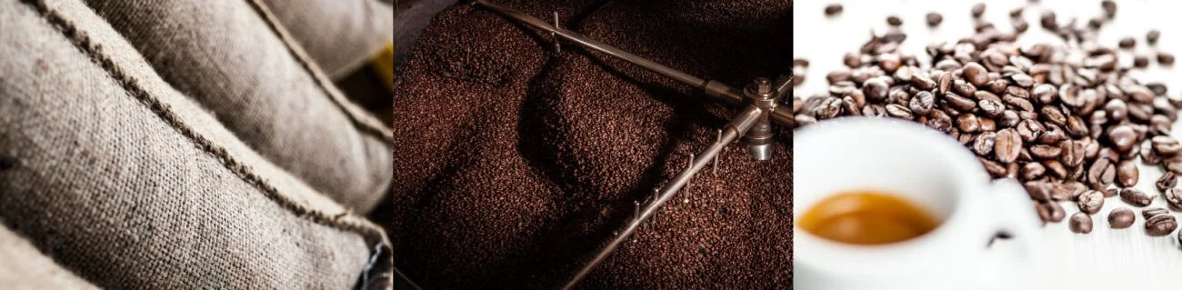 Sacs de café vert, torréfaction et café en grain