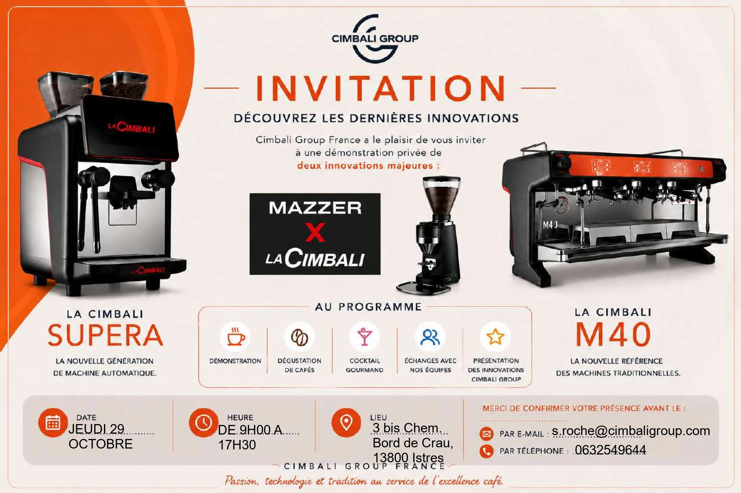 Invitation à la journée de démonstration LaCimbali Supera et M40 le jeudi 29 octobre, de 9h00 à 17h30. Cliquez pour vous inscrire.