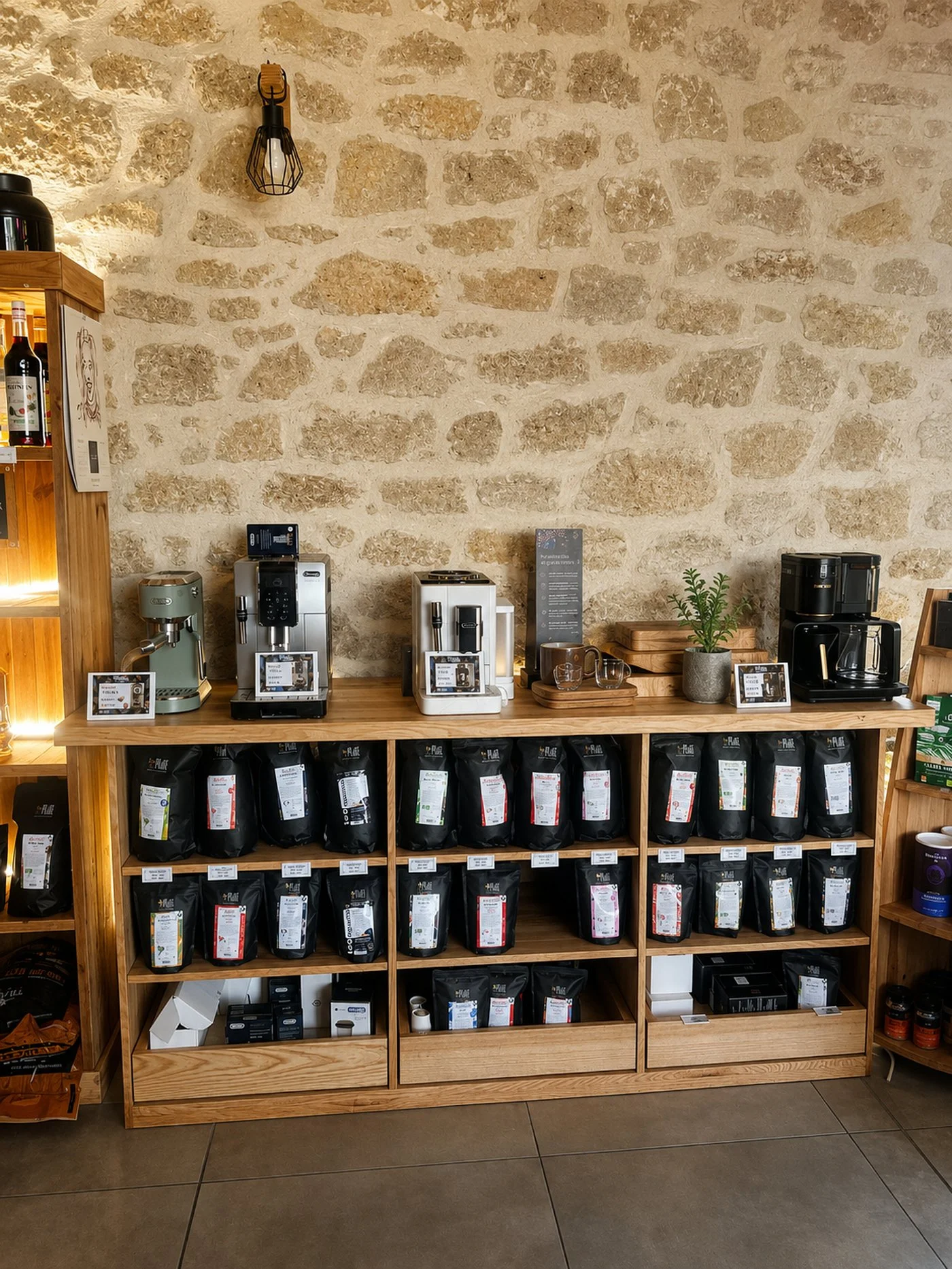 Présentoir de café en grain et machines à la boutique L'YstroCafé