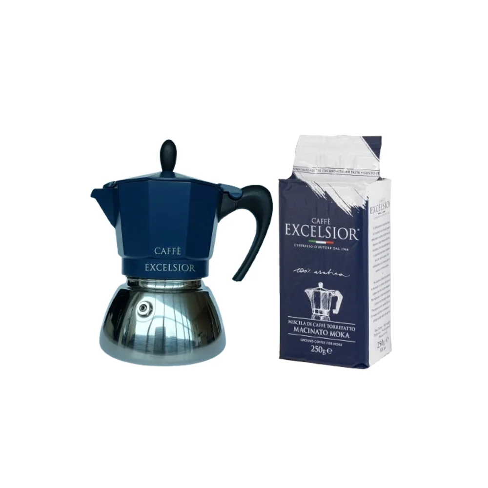 Coffret cafetière moka 3 tasses "Bollo Bleu" Excelsior
